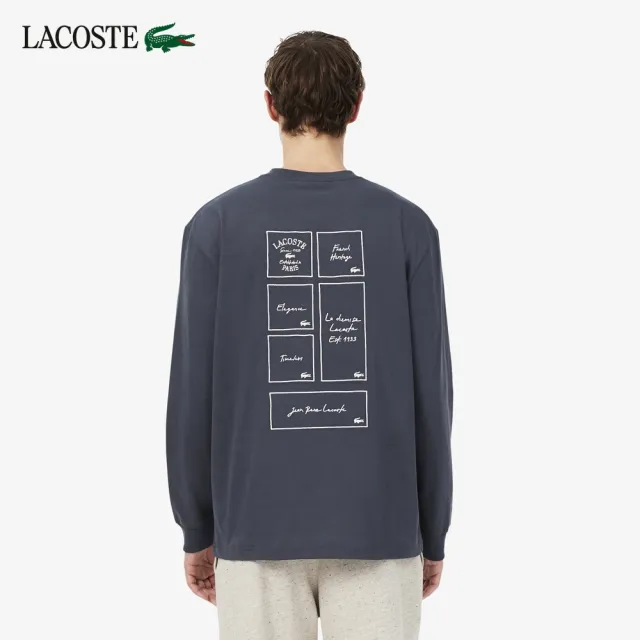 【LACOSTE】男款-寬鬆巴黎文字刺繡長袖T恤(石墨灰)