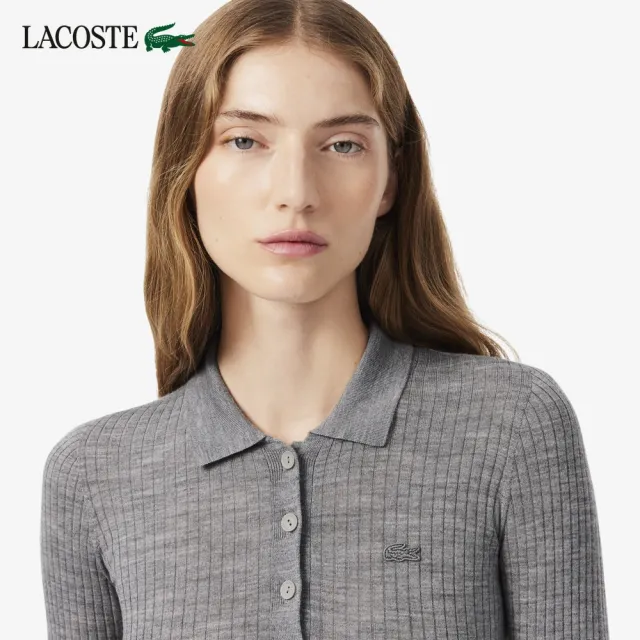 【LACOSTE】女款-美麗諾羊毛Polo領羅紋長袖針織衫(麻灰色)