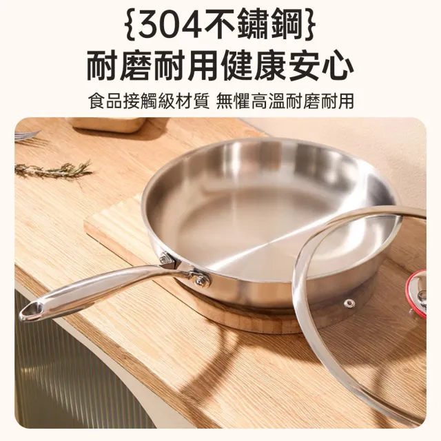 【銘利萊】不鏽鋼平底鍋 炒菜鍋 304不沾鍋 平底鍋 煎鍋 炒鍋 無塗層 直徑22cm 通用爐灶 帶蓋款