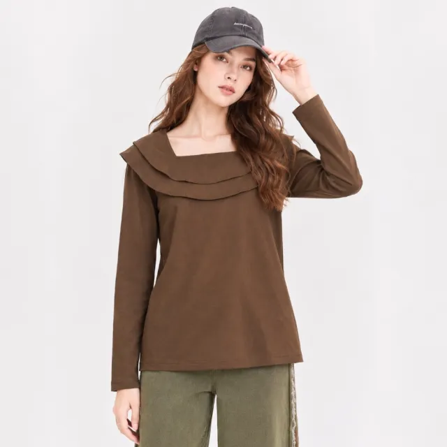 【ILEY 伊蕾】雙層波浪方領長袖上衣(咖；M-XL；1263661238)