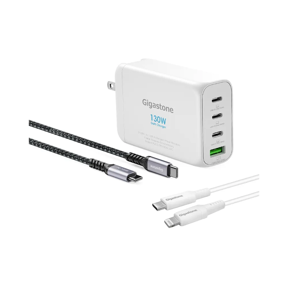【Gigastone 立達國際】(雙線組)130W GaN氮化鎵四孔充電器 白+TypeC 100W快充線+60W蘋果快充線