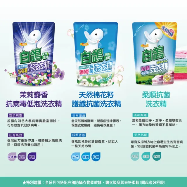 【白鴿】天然抗菌/抗病毒洗衣精補充包x6包(新升級配方上市 多款可任選)