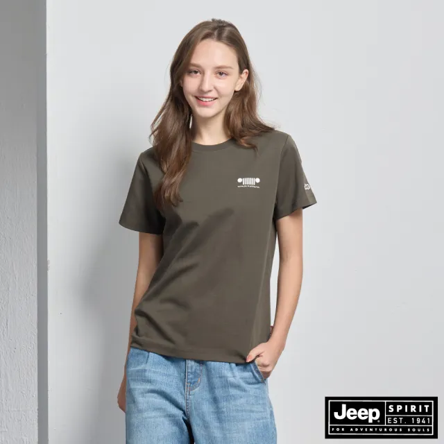 【JEEP】女裝 葉片印花涼感短袖T恤-橄欖綠色