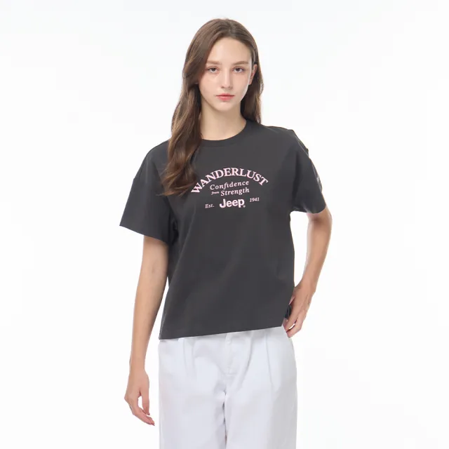 【JEEP】女裝 美式字母刺繡短袖T恤-深灰色