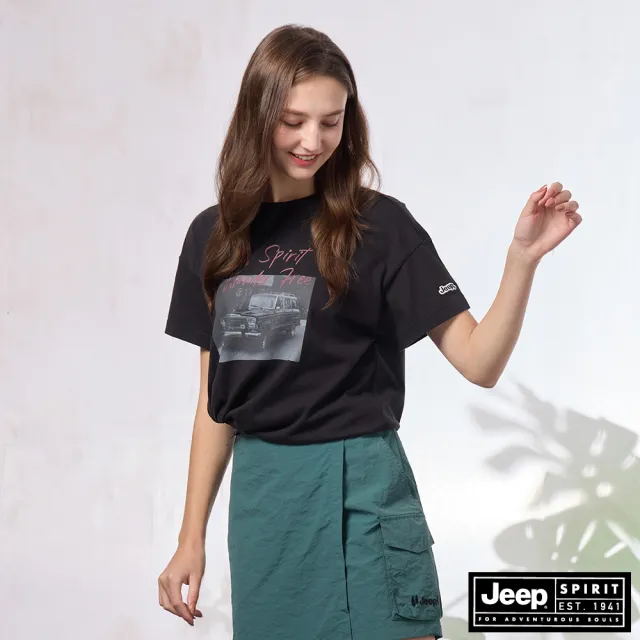 【JEEP】女裝 復古吉普車印花短袖T恤-黑色