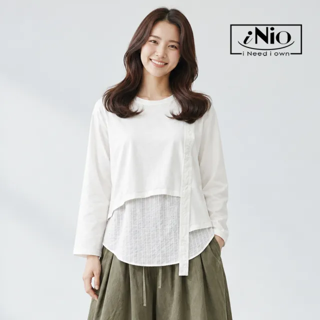 【iNio 衣著美學】異材質層次拼接長袖上衣 女假兩件圓領棉T 弧形下襬單側飄帶落肩上衣  CHW1505