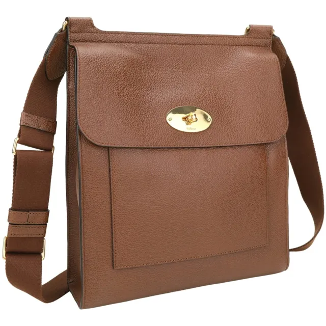 【MULBERRY】Antony 大型 男女款 金鎖釦荔紋牛皮斜背郵差包(咖啡色 英國頂級皮具 精品包)
