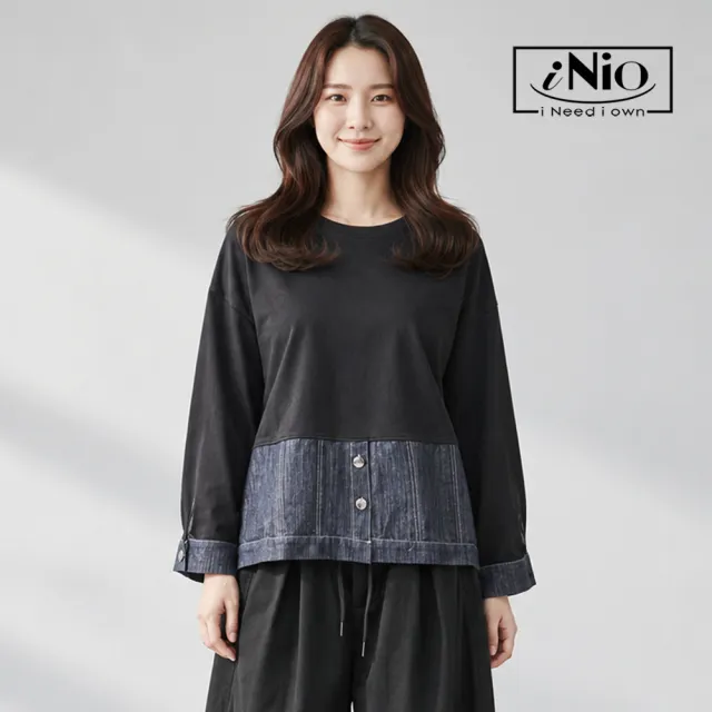 【iNio 衣著美學】丹寧拼接落肩長袖上衣 女圓領棉T 撞色牛仔下襬大鈕釦裝飾襯衫式袖口上衣  CHW1518