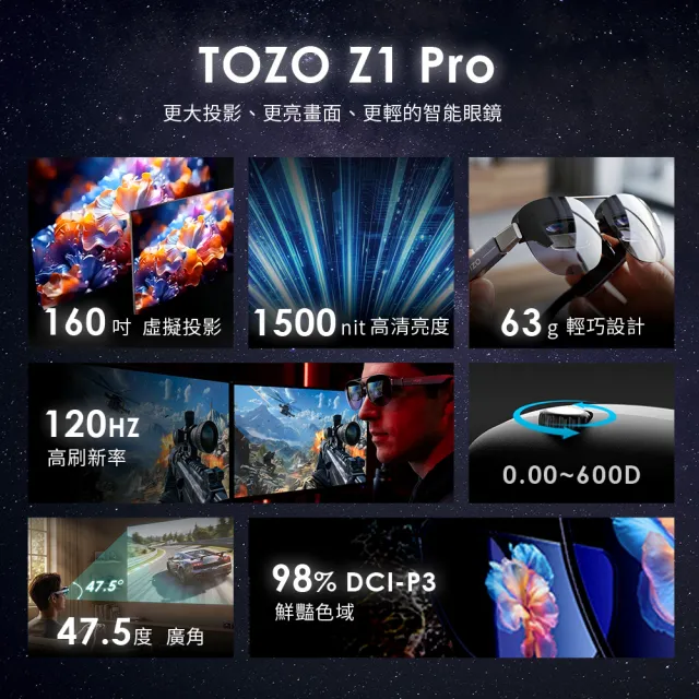 【TOZO】六合一清潔組★VIZO Z1 PRO沉浸式大螢幕輕量AR智慧眼鏡顯示器(近視調整/120Hz刷新率/1500nits亮