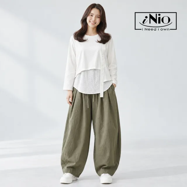 【iNio 衣著美學】打褶抽繩鬆緊腰繭型褲 女寬版微收褲腳長褲 隱形口袋休閒寬褲  CHW2506