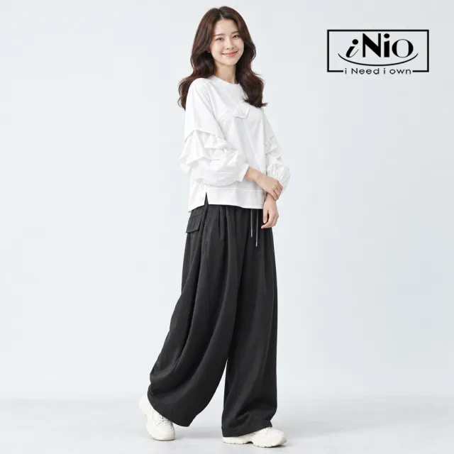 【iNio 衣著美學】打褶抽繩鬆緊腰繭型褲 女寬版微收褲腳長褲 隱形口袋休閒寬褲  CHW2506