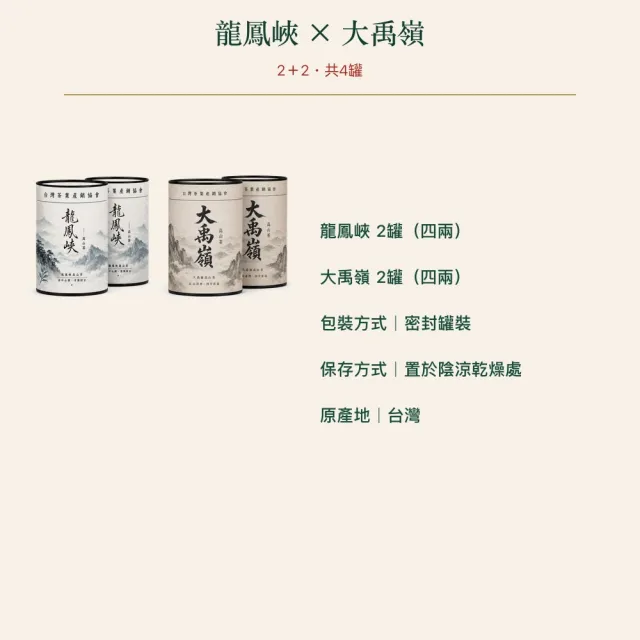 【台灣茶葉產銷協會】龍鳳峽＋大禹嶺 雙茶4入組｜罐裝4兩(2+2)