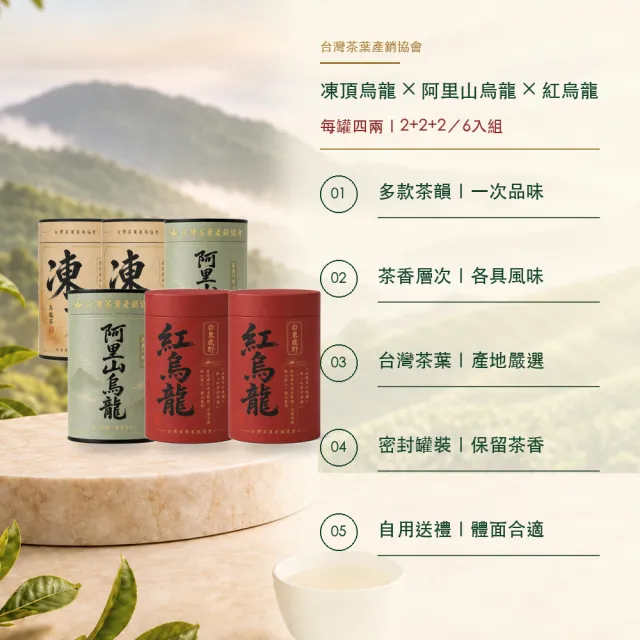 【台灣茶葉產銷協會】凍頂＋阿里山＋紅烏龍 三茶6入組｜罐裝4兩(2+2+2)