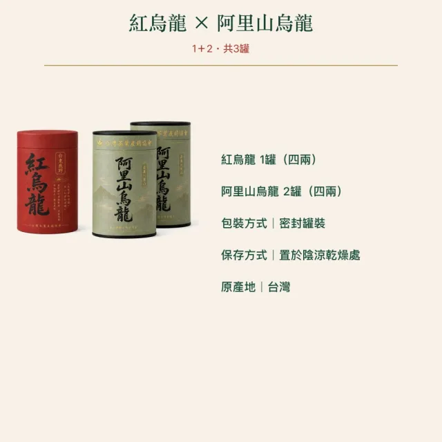 【台灣茶葉產銷協會】紅烏龍＋阿里山 雙茶3入組｜罐裝4兩(1+2)