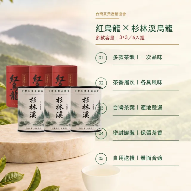 【台灣茶葉產銷協會】紅烏龍4兩＋杉林溪2兩 雙茶6入組｜罐裝(3+3)