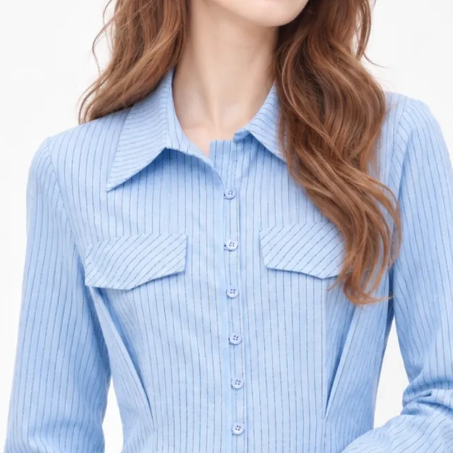 【ILEY 伊蕾】腰褶顯瘦直條紋棉質襯衫(藍；M-XL；1263661506)
