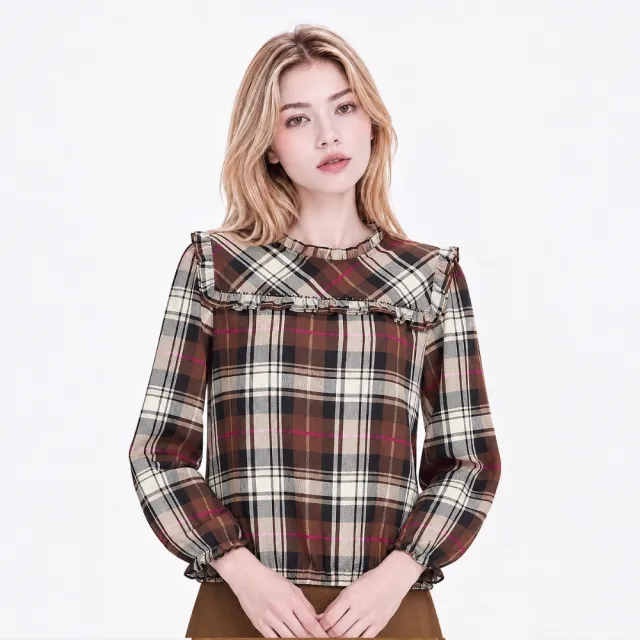 【ILEY 伊蕾】經典格紋擋片造型上衣(深咖;M-XL;1263181405)