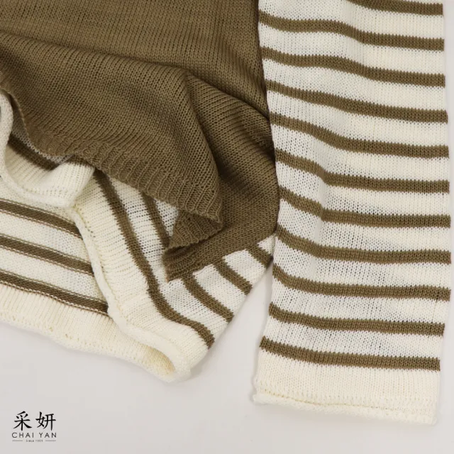 【CHAI YAN 采妍】條紋假兩件吊帶針織長袖上衣(秋冬女裝/中大尺碼/休閒/韓系/優雅)