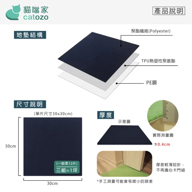 【catozo】寵物防滑地墊-DIY巧拼拼接地墊  單色組 12入/包 30x30cm(寵物地墊/地毯/無膠/隔音/磁磚不再冰冷)