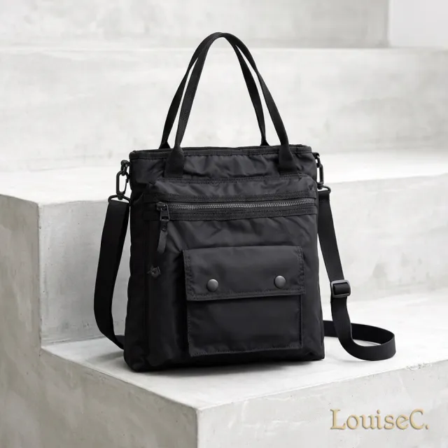 【LouiseC.】雙11 Tree House 輕盈尼龍中性 大尺寸 多收納方型 手提斜背防水包 黑色 YS22355-05