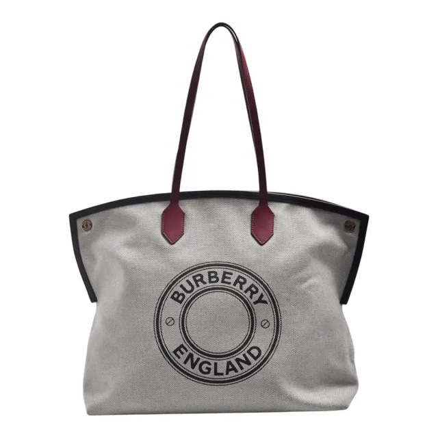 【BURBERRY 巴寶莉】經典品牌字母 Logo帆布拼接皮革手提托特包(米白色 / 天然色)