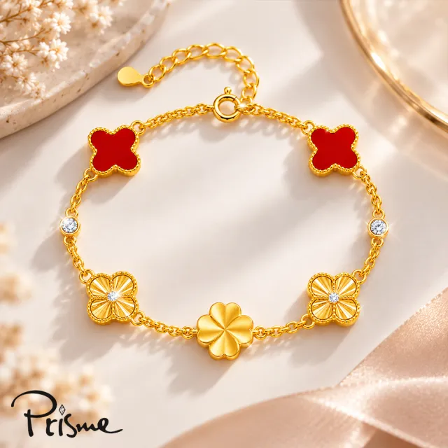 【Prisme】黃金墜手鍊 純金999幸運草(約0.05錢±0.02) 紅花瑪瑙 純銀手鍊