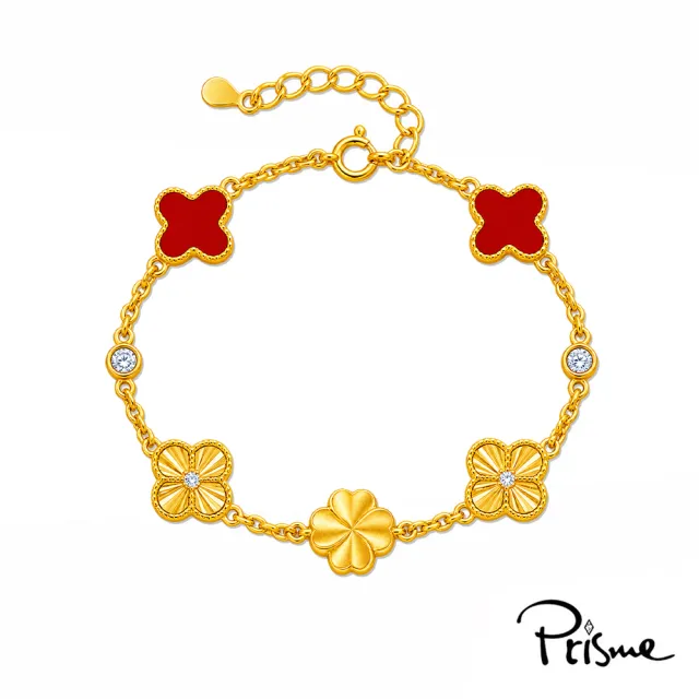 【Prisme】黃金墜手鍊 純金999幸運草(約0.05錢±0.02) 紅花瑪瑙 純銀手鍊