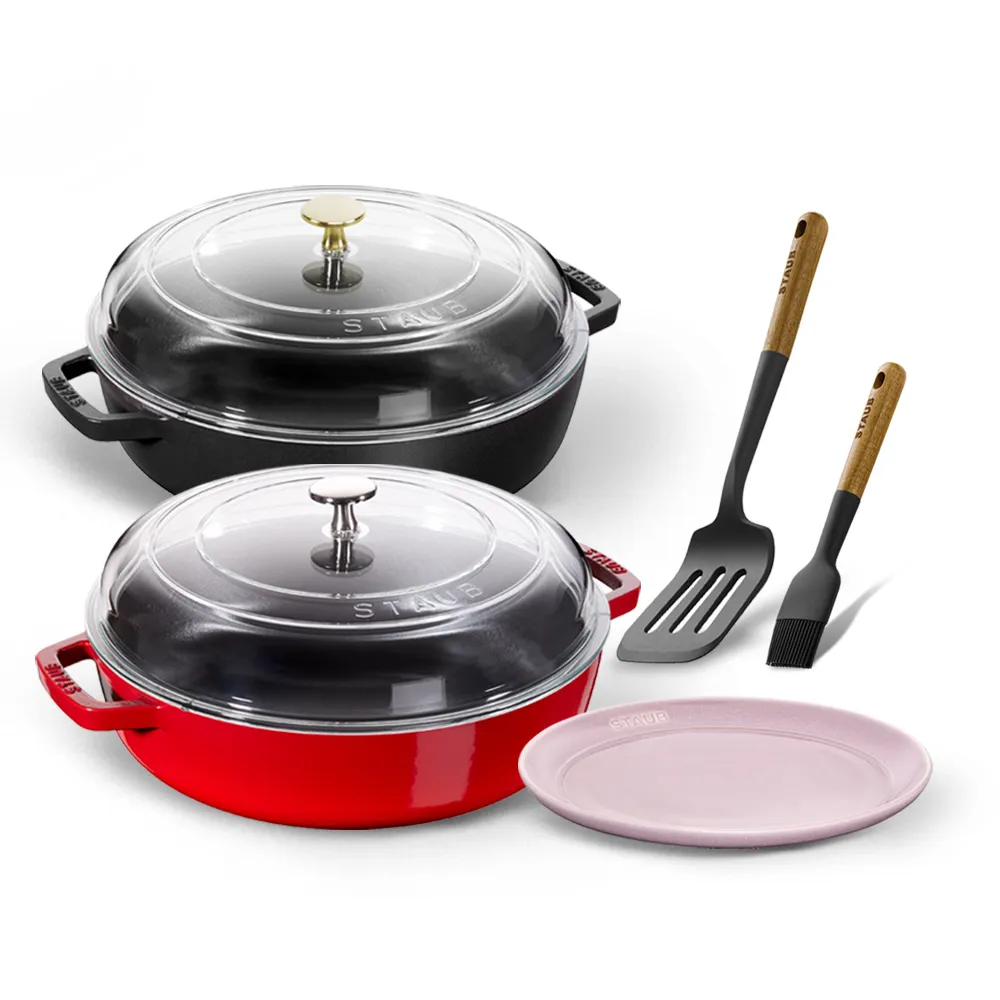 【STAUB】琺瑯鑄鐵雙耳煎鍋24cm含蓋+瓷盤餐盤20cm+矽膠配件2件組(德國雙人牌集團官方直營)