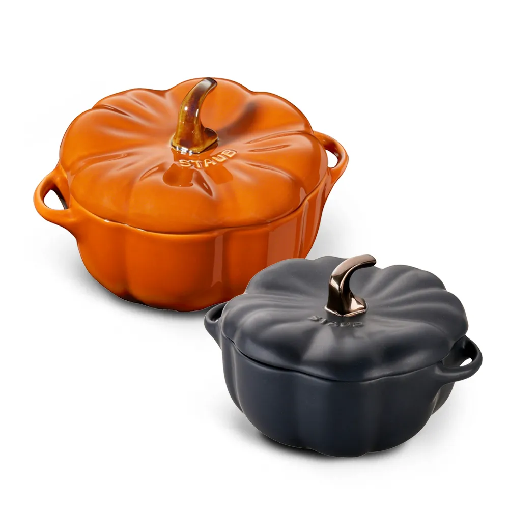 【STAUB】南瓜造型烤盅陶缽兩入組-肉桂黃19cm+黑色16cm(德國雙人牌集團官方直營)
