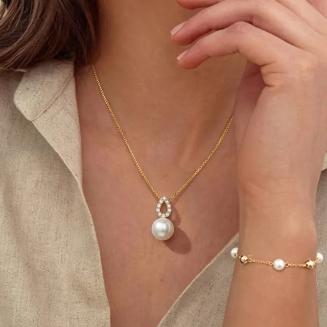 【City Diamond 引雅】『太陽雨』18K 日本AKOYA珍珠 7.5mm 天然鑽石 黃K金 項鍊 (東京Yuki系列)