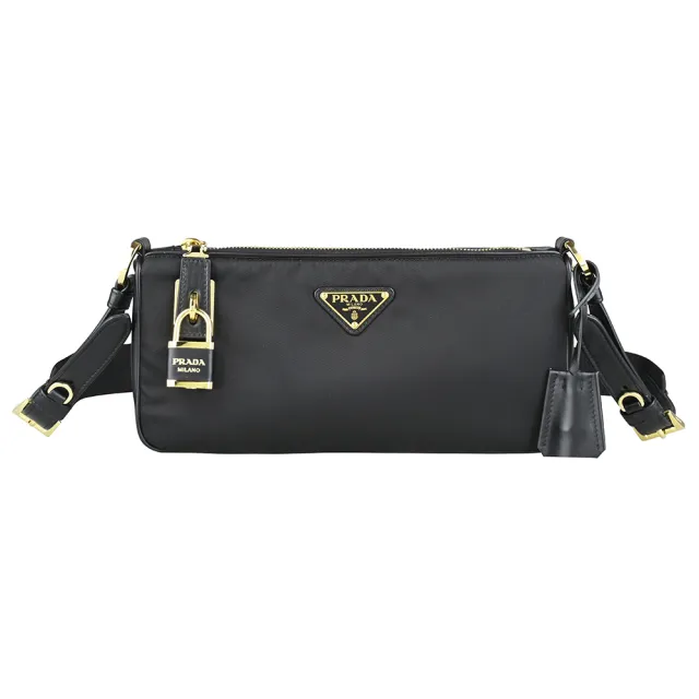 【PRADA 普拉達】PRADA精品再生尼龍三角Logo鎖頭拉鍊肩背斜背包(小/黑)
