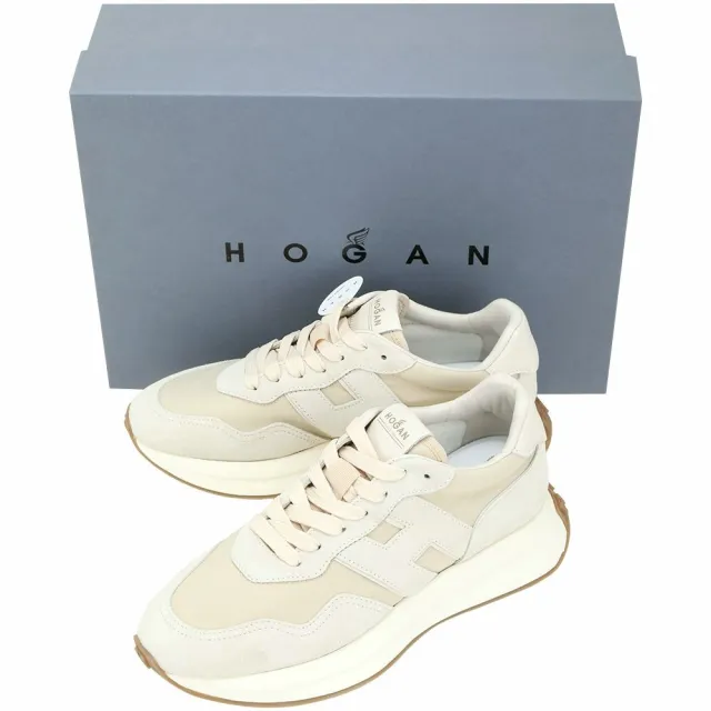 【HOGAN】H641 H字母 女鞋 麂皮拼接繫帶厚底運動鞋(米色 增高 休閒鞋 復古慢跑鞋)