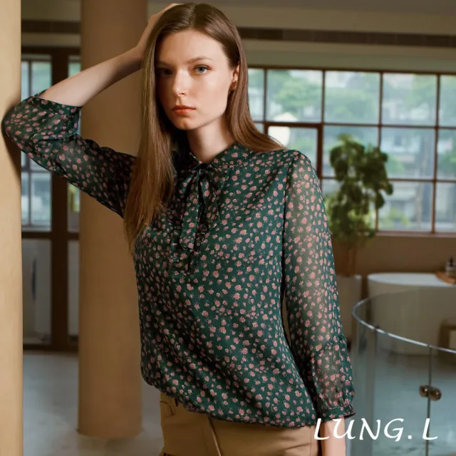 【LUNG.L 林佳樺】LX58A 深綠碎花雪紡可拆式領結七分袖女裝上衣（加大尺碼）