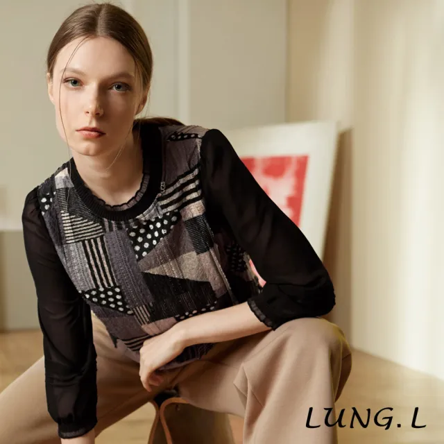 【LUNG.L 林佳樺】LX62A 黑色幾何層次拼接雪紡七分袖女裝上衣