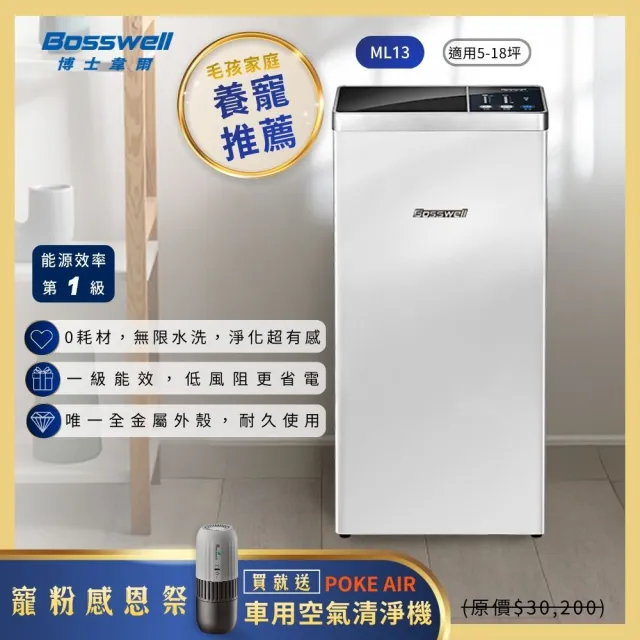 【BOSSWELL 博士韋爾】新一代Mon Air零耗材清淨機5-18坪(高能滅菌/一級能效/體積小不占地/無耗材/ML13)