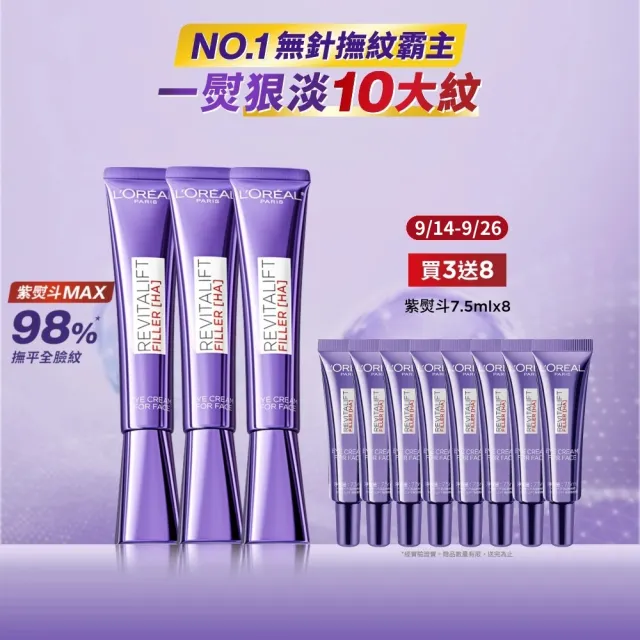 【L’OREAL Paris 巴黎萊雅】全新升級玻尿酸眼霜級撫紋精華霜30ml_3入組(紫熨斗MAX3.0)