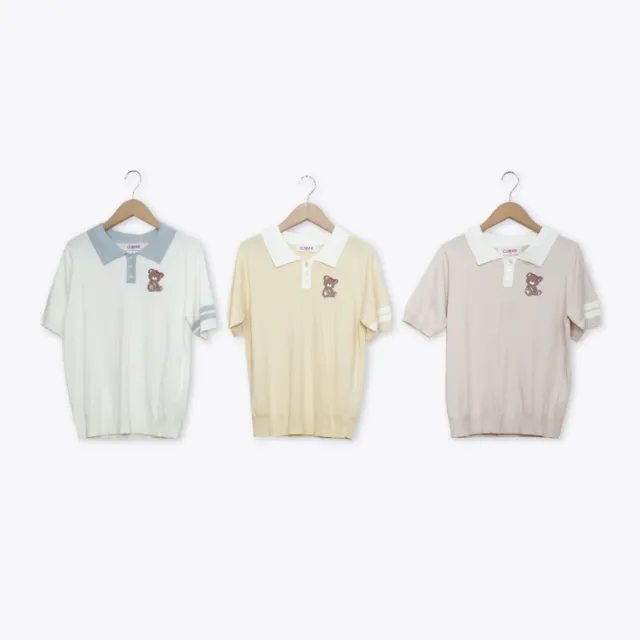 【CUMAR】學院風熊熊刺繡撞色POLO領針織上衣 白 粉 黃(魅力商品)