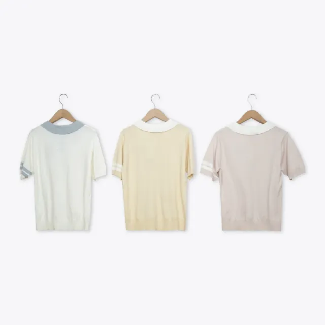 【CUMAR】學院風熊熊刺繡撞色POLO領針織上衣 白 粉 黃(魅力商品)