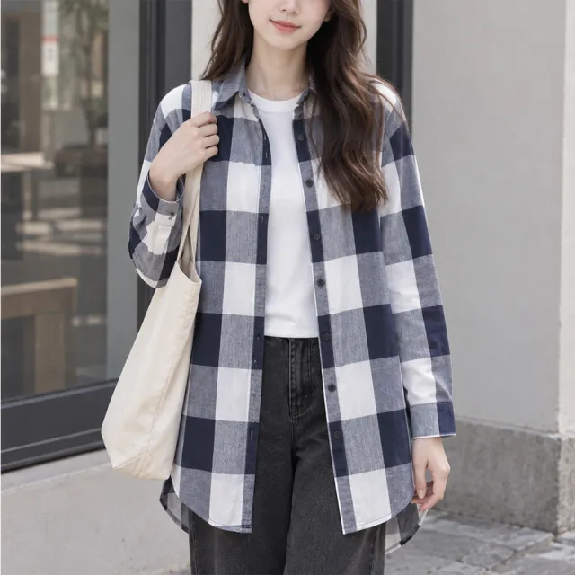 【AnZa】棉麻格紋長款襯衫上衣外套