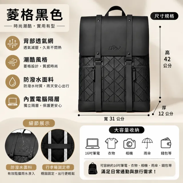 【LUHO 小旅禾】雙11 菱格大容量後背包 16吋筆電包 防潑水 多層收納 可套行李箱 商務通勤旅行雙肩包