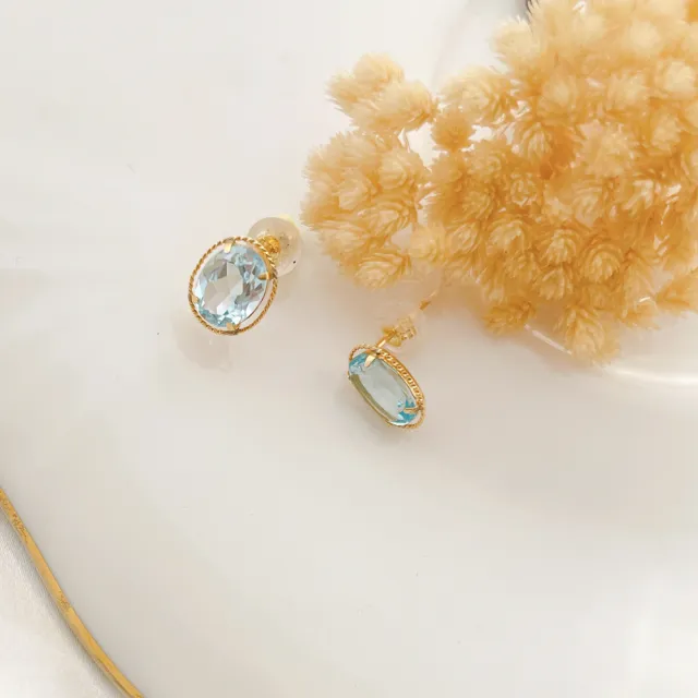 【City Diamond 引雅】『藍芙洛』18K日本橢圓托帕石3克拉黃K金麻花造型耳環(東京Yuki系列)