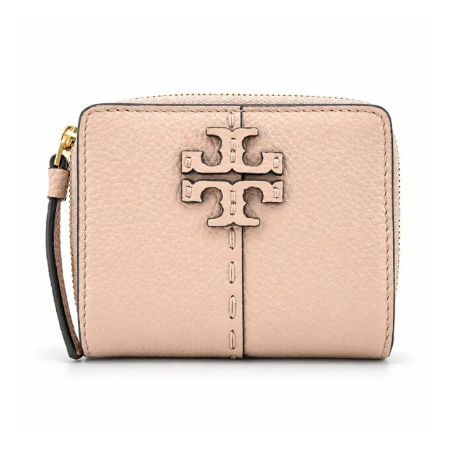 【TORY BURCH】MCGRAW 荔枝紋皮革縫線對開零錢短夾(粉)
