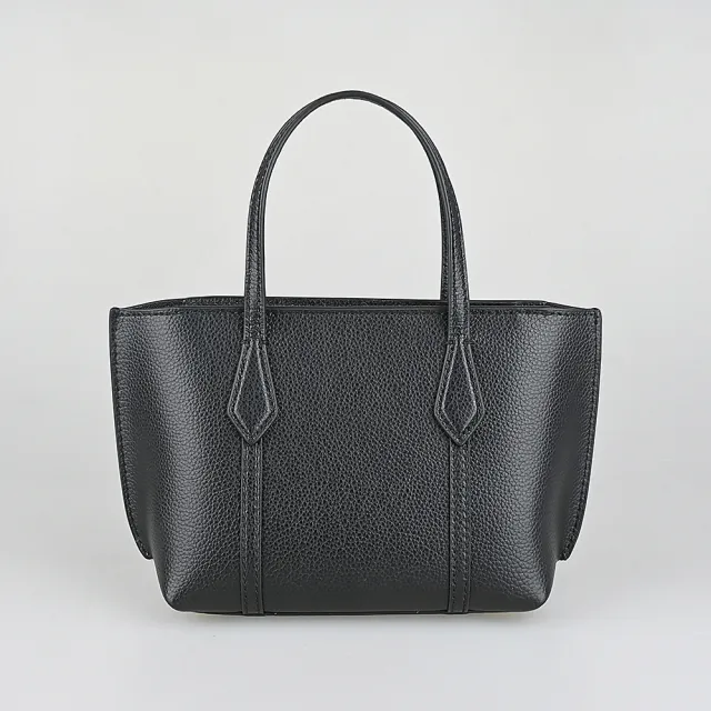 【TORY BURCH】TORY BURCH精品荔枝紋牛皮燙金拉鍊手提斜背托特包(迷你/黑)