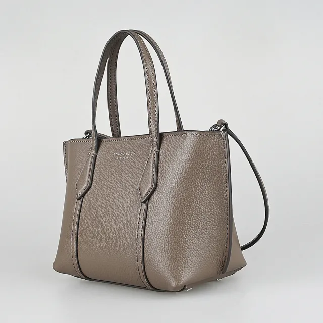 【TORY BURCH】TORY BURCH精品荔枝紋牛皮燙金拉鍊手提斜背托特包(迷你/蘑菇棕)