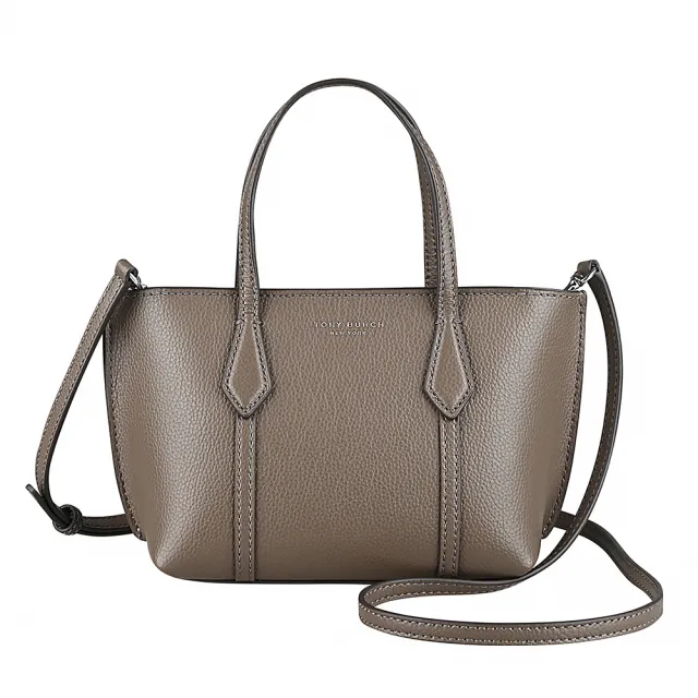 【TORY BURCH】TORY BURCH精品荔枝紋牛皮燙金拉鍊手提斜背托特包(迷你/蘑菇棕)