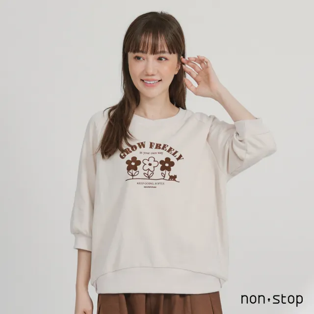 【non-stop】花朵貓咪植絨七分袖T恤-3色