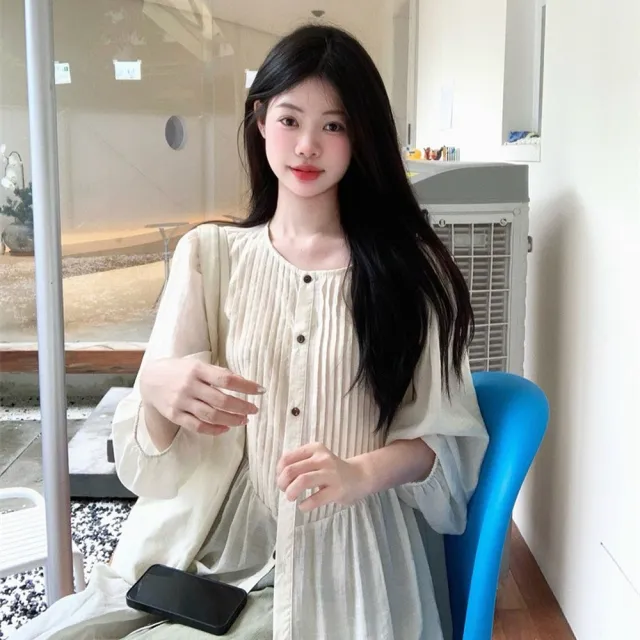 【AS 梨卡】隔日到貨 女裝 連身長裙 長裙 洋裝 寬鬆長裙 長款洋裝 皺褶連身裙 白色洋裝 顯瘦長裙VG257