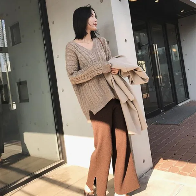 【AS 梨卡】女裝 褲子 長褲 九分褲 直筒褲 寬褲 針織 保暖褲 闊腿褲 舒適褲子 百搭穿搭 BR1042