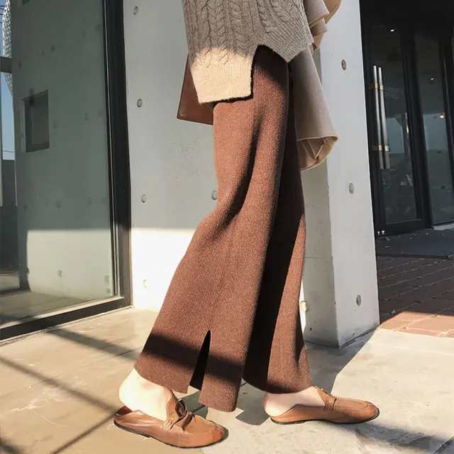 【AS 梨卡】女裝 褲子 長褲 九分褲 直筒褲 寬褲 針織 保暖褲 闊腿褲 舒適褲子 百搭穿搭 BR1042