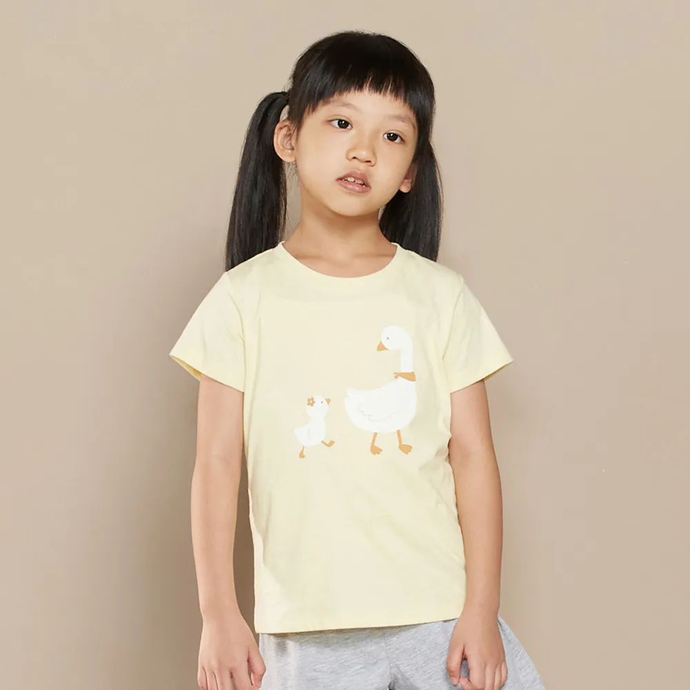 【YVONNE 以旺傢飾】出清品 童裝｜親子鵝網印短袖上衣(鵝絨黃)